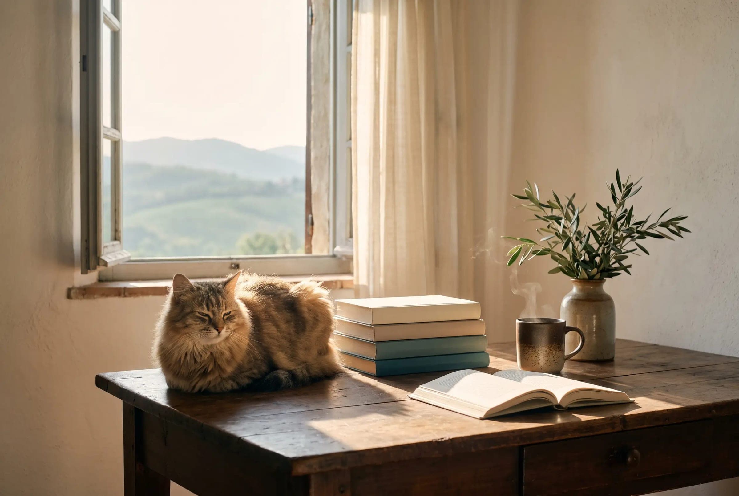 A cat resting in the sun on an old wooden table by an open window, beside books, tea, and an olive branch.