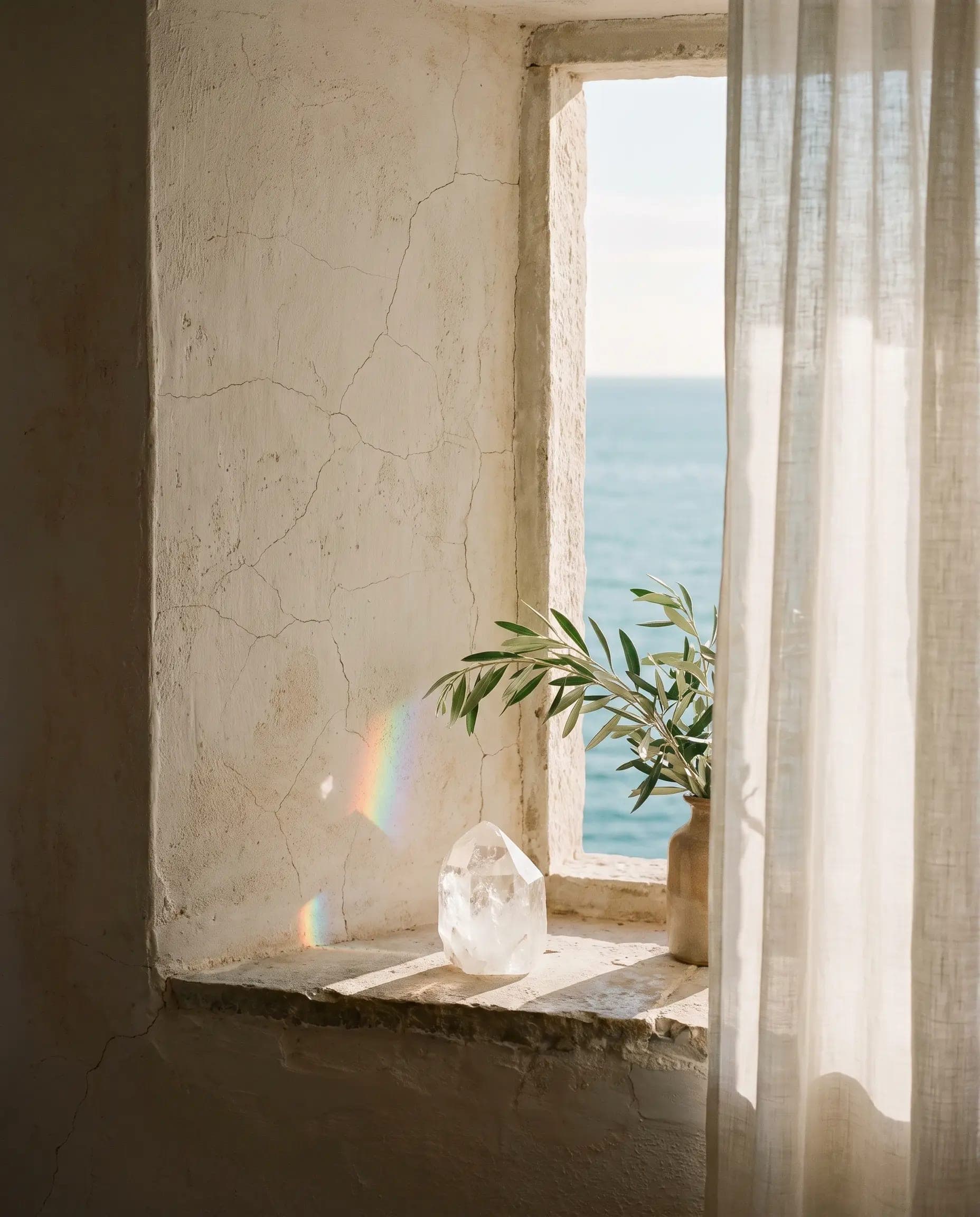 Morning light through a quartz crystal on a stone sill, a soft band of color across the plaster, the sea beyond.